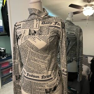 Newspaper Print Turtleneck Top